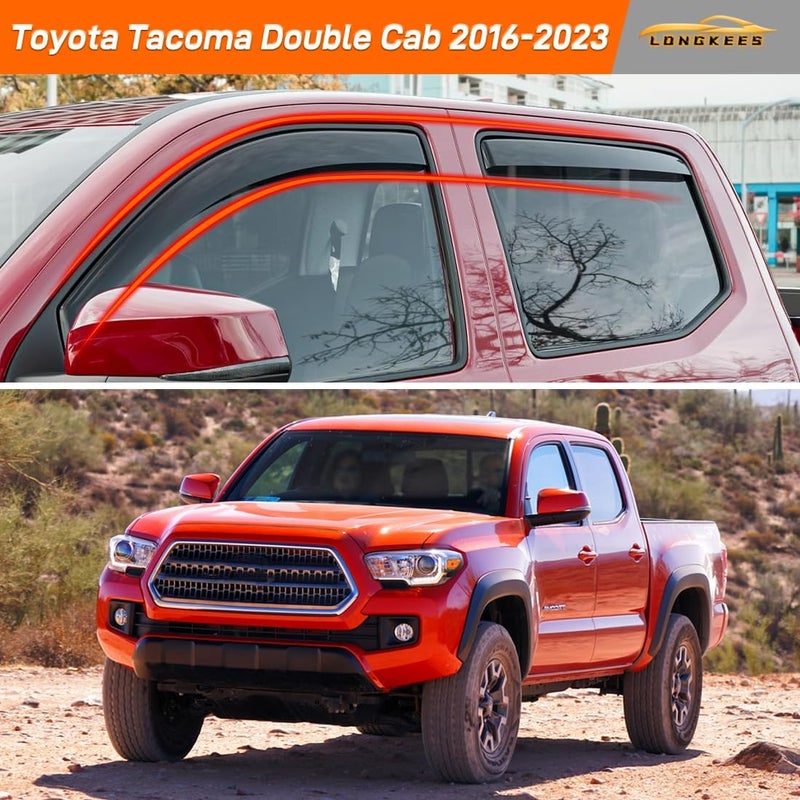 LONGKEES in-Channel Window Visors Rain Guards FIT Toyota Tacoma Double Cab 2016 2017 2018 2019 2020 2021 2022 2023 (2016-2023) – 4-Piece in-Channel Dark-Smoke Polycarbonate Vent Deflectors - Image 2